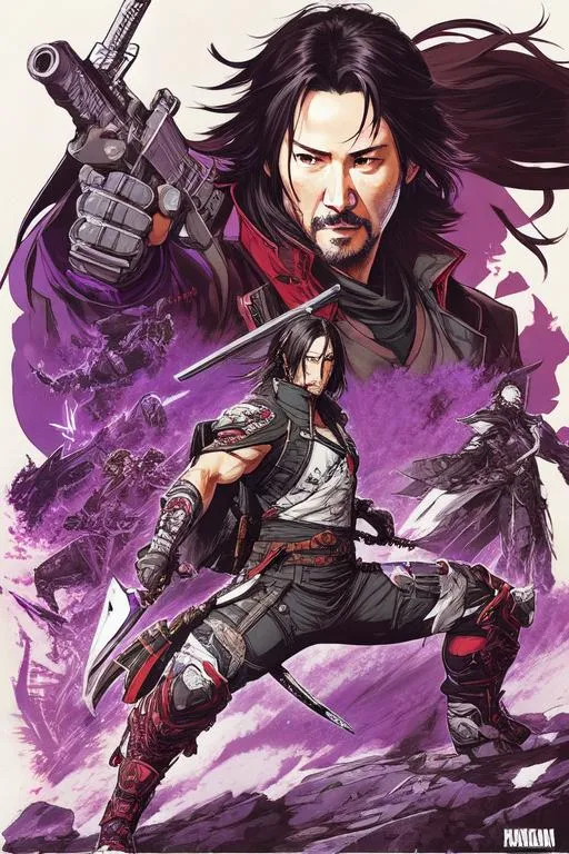 Prompt: (((Yoji Shinkawa))), sticker of ultra detailed portrait of Keanu Reeves as a ninja in purple ninja artifact gear from FFXIV. high quality cell shaded illustration in post apocalyptic style by Yoji Shinkawa, ((full body)), dynamic pose, perfect anatomy, centered, freedom, soul, black hair in ponytail, approach to perfection, cell shading, 4k , cinematic dramatic atmosphere, watercolor painting, global illumination, detailed and intricate environment, artstation, concept art, fluid and sharp focus, volumetric lighting, cinematic lighting, Art by Yoji Shinkawa,