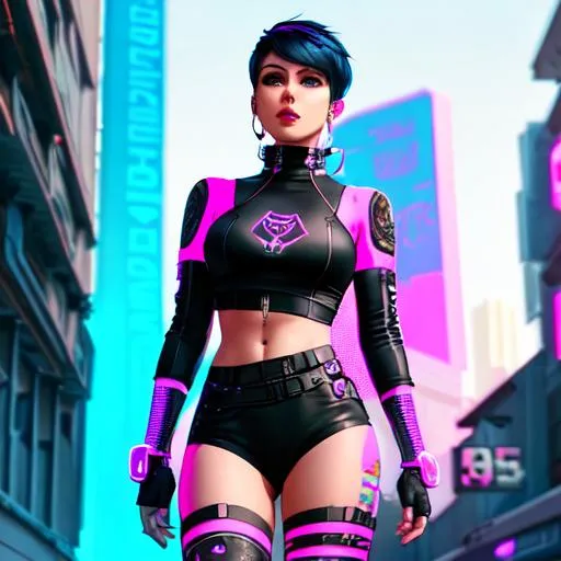 Prompt: Full body length photo of a lady assassin wearing cyberpunk streetwear, detailed perfect eyes, facial tattoos, face tattoos, pink and black 
hair, short pixie haircut, pink neon city backdrop, cybernetic arms, 8 k, vivid colours, concept art by wlop, ilya kuvshinov, artgerm, krenz cushart, greg rutkowski, pixiv. cinematic dramatic atmosphere, sharp focus, pink neon lighting, hyper detailed