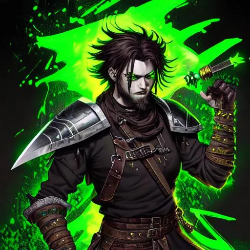 Prompt: digital art, sinister viking man, 18 year old, chaotic evil, black short messy hair, no facial hair, neon green bandana around the neck, dark brown eyes with green highlights, dark brown long-sleeve shirt, pants, leather armor, two daggers, dozen throwing knives