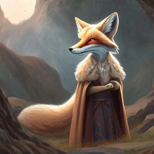 Prompt: A anthimorphic fox wearing a long cloak. 