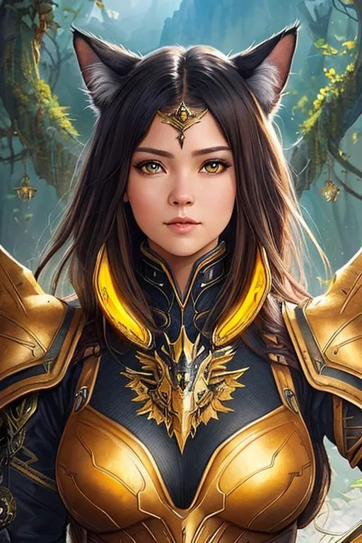 Prompt: Poster art, high-quality high-detail highly-detailed breathtaking hero ((by Aleksi Briclot and Stanley Artgerm Lau)) - ((a cat)),female, detailed black cat head, 8k, queen of the milk, military armour,  full form , The queen of all cats, forest world setting, has highly detailed yellow and black futuristic military mech armour, detailed carbon fibre black and yellow amour, wearing carbon black and yellow military mech armor, highly detailed mech armor, full form, epic, 8k HD, ice, sharp focus, ultra realistic clarity. Hyper realistic, Detailed face, portrait, realistic, close to perfection, more black in the armour, 
wearing blue and black cape, wearing carbon black cloak with yellow, full body, high quality cell shaded illustration, ((full body)), dynamic pose, perfect anatomy, centered, freedom, soul, Black short hair, approach to perfection, cell shading, 8k , cinematic dramatic atmosphere, watercolor painting, global illumination, detailed and intricate environment, artstation, concept art, fluid and sharp focus, volumetric lighting, cinematic lighting, 

