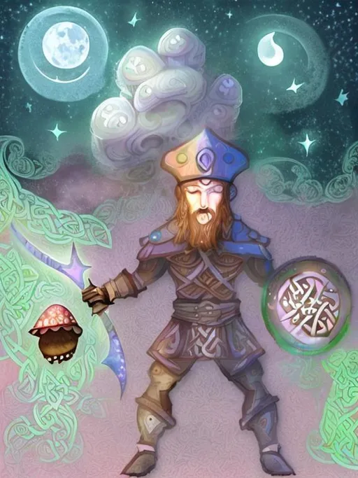 Prompt: Moon and stars behind. Celtic wizard and shroom warrior