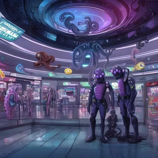 Prompt: octopus security guards in a busy alien mall, widescreen, infinity vanishing point, galaxy background, surprise easter egg