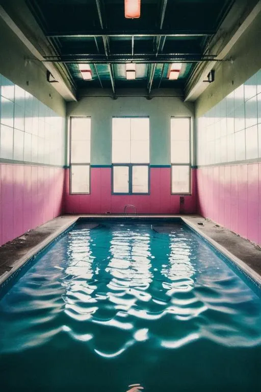 Prompt: Liminal space, eerie, indoor water park, abandoned, pink, creepy, dark lighting, grainy Polaroid photo, ultra detailed, photorealistic, centered, aesthetic, popular on Etsy, feminine