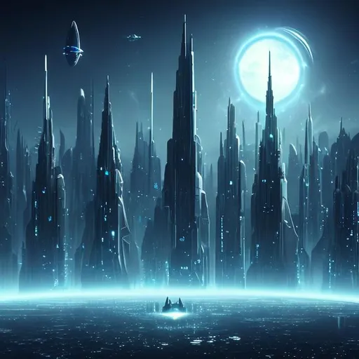 Prompt: Futuristic Tall black towers on deep dark ocean dark sky spaceships night lights hover ships dark tall city lots and lots of small floating ships hovering above clouds big planet with rings closeby spaceships hovering super tall mega skyscraper