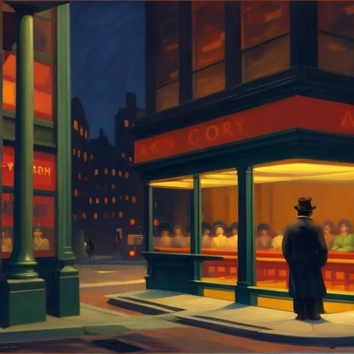 Prompt: A dark cozy street at night in New York City painted by Edward Hopper