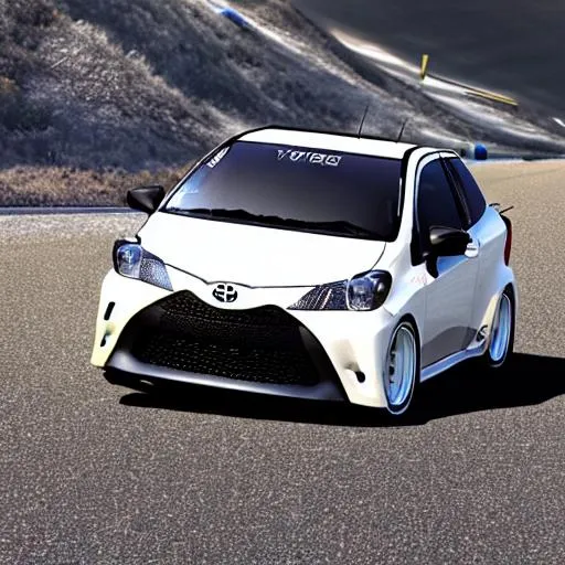 Prompt: 3d render of a toyota yaris Gazoo Racing style, rectilinear wide lens photo, very detailed, high quality resolution, octane render, shot with 16mm lens, hype photos, car in white at a mountain road, car looks like a rally car, front end has 2 mesh rectangular air intakes, much more aggressive style 