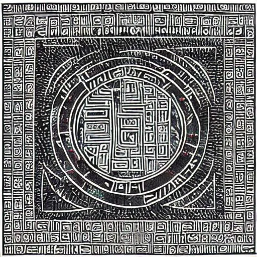 Prompt: Square with Sumerian art patterns and writing. Silk Screen style black and white illustration. Middle Empty