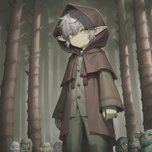 Prompt: Intellegent looking goblin boy with green skin and medium hair wearing a hood made of dark brown hessian with silver accents and details in dark green pine forest wearing silver broach, green skin, single character, standing, kid, headshot, child, silver-accented clothes, rich, wealthy, dark green background, pine trees,