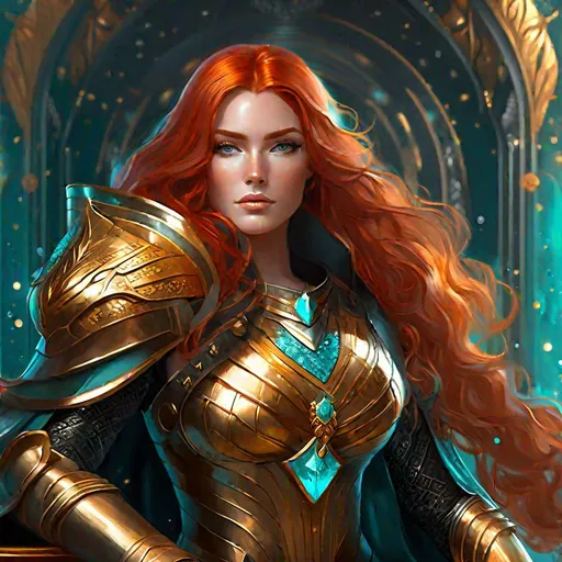 Prompt: Female feminine woman with long red hair and aqua colored eyes, queen, empress, space fantasy, sci-fi, semi-realistic art style, curvy, black and gold gown with armor