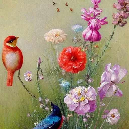 Prompt:  FLOWERS and BIRDS painting , Marjolein Bastin style