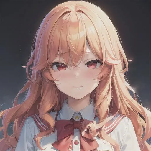 Prompt: (masterpiece, illustration, best quality:1.2), blushing, loli, tsundere, smug expression, curly yellow hair, red eyes, wearing school uniform, best quality face, best quality, best quality skin, best quality eyes, best quality lips, ultra-detailed eyes, ultra-detailed hair, ultra-detailed, illustration, colorful, soft glow, 1 girl, leading into a desk