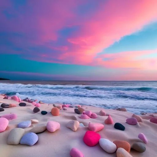Prompt: cotton candy skies with a no trees and beach made of pebbles
