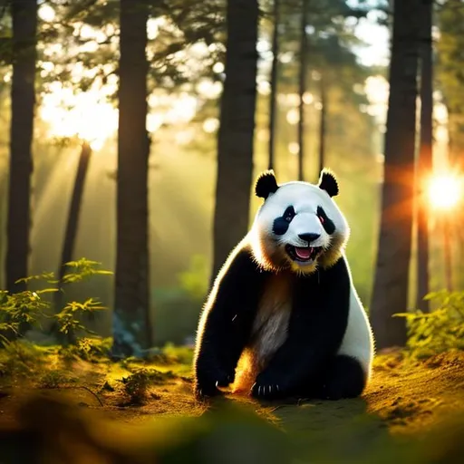 Prompt: a photo happy panda bear in forest at sunrise