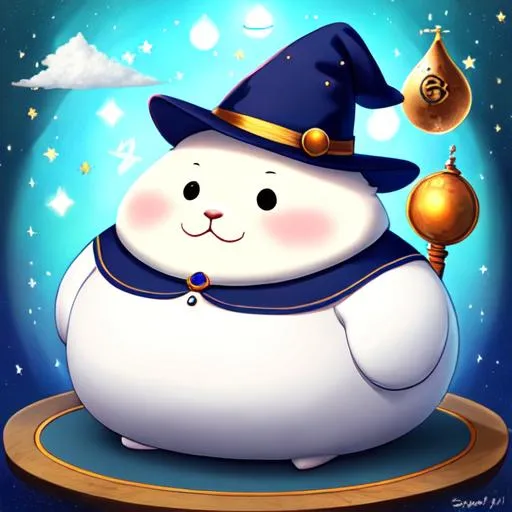 Prompt: (((fat round seal))) wearing (((wizard hat))), (((fluffy))) art style of sam yang and james jean! cute (((magic))) (((witchcraft))) (((spells))) surrealism, magic