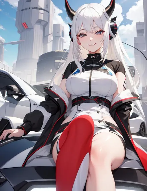 Prompt: White hair girl with black eyes smiling sitting on a futuristic car under the blue sky 4k with black demon horns