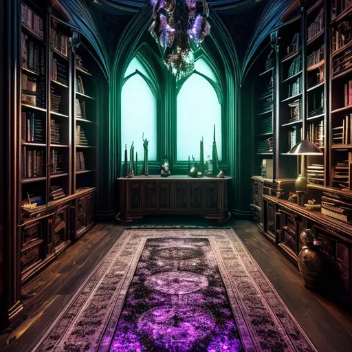 Prompt: HD, 4K, 3D, Stunning, magic, cinematic camera, two-point perspective, interior design,witch studio room, ethereal,chaise longue, full moon outside, gorgeous gothic windows,bookshelf, cauldron, magic mirrors, light contrast, witchy ambient, purple and green sunstrails, moon glow, magic books, 