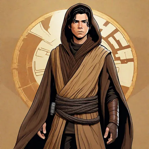 Prompt: Young male Jedi Padawan with neat black hair, short back hair, single black hair braid. Brown clothes. Brown traveling poncho with hood. Star Wars character art, detailed textured fabric. 
