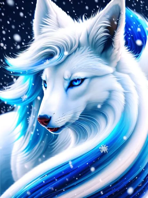 Prompt: 8k, UHD, 3D, hyper detailed, best quality, artstation, perfect composition, oil on canvas, masterpiece, portrait of (insanely beautiful Ninetales), {canine quadruped}, fantasy, illusion, celestial guardian, snow incarnate, big regal sapphire blue eyes, 8k eyes, glossy silky well-groomed {ice blue fur}, wispy ice blue hair, curly ice blue tails, fine silver crystals on legs and forehead, (enchanted mountain peak), winter wonderland, frozen lake, (brilliant auroras) vast starry sky, vivid colors, vibrant, fluffy white mane, frosted fur, majestic celestial sky, sharp focus, brilliant detailed eyes, calm regal smile, highly detailed face, highly detailed sky, highly detailed fur, detailed brush strokes, detailed pencil strokes, lifelike, animated, symmetric, detailed pastel pink clouds, professional, detailed strokes, unreal engine, intricately detailed mouth