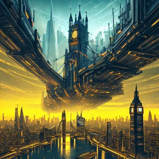 Prompt: futuristic cityscape, mega city, cyberpunk, London and New York, Big Ben, Tower Bridge, Thames River, ultrahigh detail, trending on artstation, black and yellow detail
