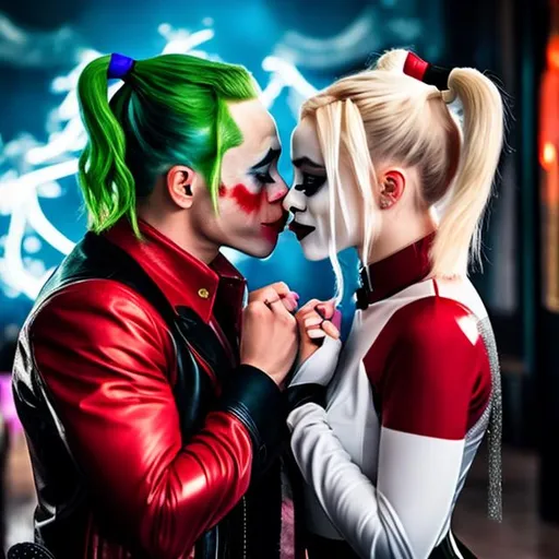 Prompt:     Harley Quinn kissing joker