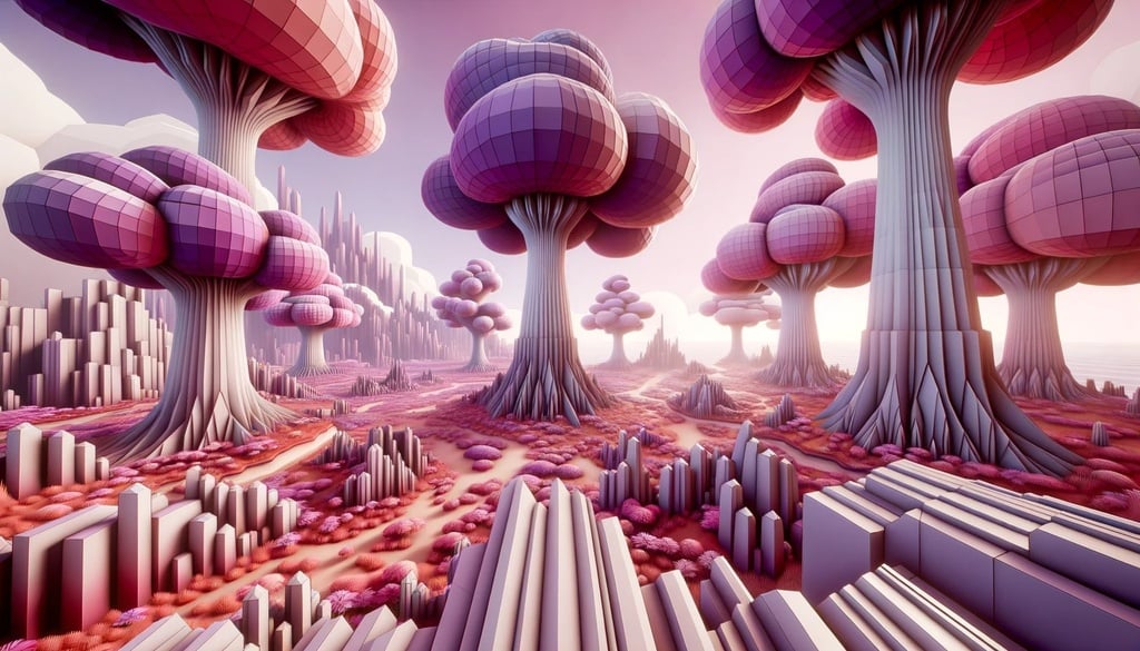 Prompt: Wide image of a video game environment showcasing purple trees with organic contours. The style is reminiscent of cubo-futurism, blending geometric and futuristic elements. The landscape includes light red and pink hues, set against hyperrealistic settings. Spiky mounds rise from the ground, with the perspective captured from a low-angle to emphasize the expansive skies above.