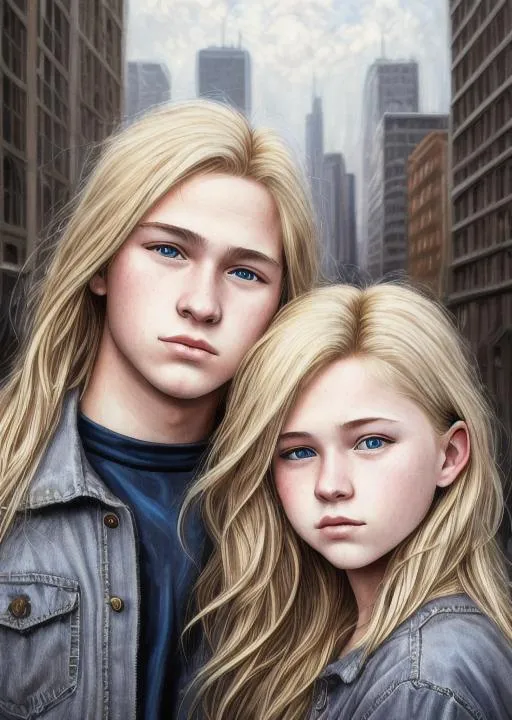 Prompt: Zoomed out hyper realistic very detailed oil portrait of a teenage couple with highly detailed intricate blond hair, wide open eyes, city background, 2064, trending art, masterpiece, trending on art station.