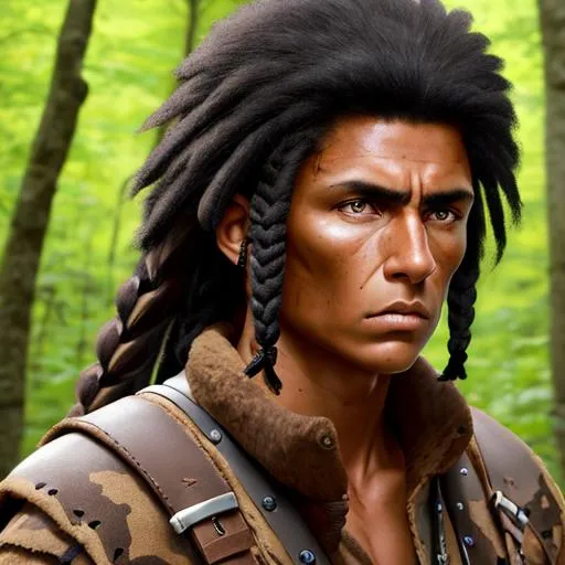Prompt: portrait of a (human male
Tanned skin, black hair, and dark eyes resemble Native Americans in appearance.

Mohican

Ranger hunting ),wearing basic leather armor with rustic camouflage details including leaves.  , Forest background, D&D setting, perfect composition, hyperrealistic, super detailed, 8k, high quality, trending art, trending on artstation, sharp focus, studio photo, intricate details, highly detailed, by greg rutkowski and alphonse mucha
