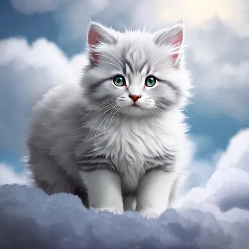 Prompt: Cute, very, very, light gray, fluffy, fantasy light kitten, with cloudy, white eyes, very, light, light, gray fur, and possessing the element of air and making circles of clouds and air move around in the air in a magical way, in a space background. Perfect features, extremely detailed, realistic. Krenz Cushart + loish +gaston bussiere +craig mullins, j. c. leyendecker +Artgerm.