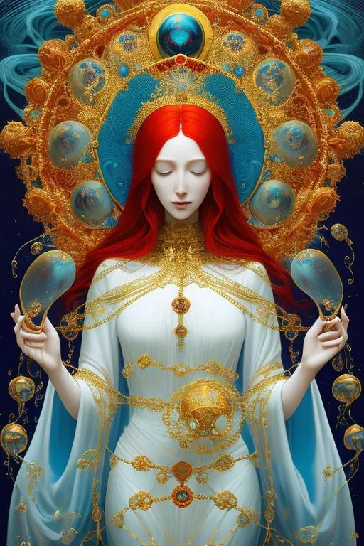 Prompt: Mother Mary; Long red hair; a blue immortal Jellyfish as hat; blessing gesture; Isography; swirling leaf golden symbols, rubies, swirling bubbles of water, Erwin Olaf; photography;Zdzisław Beksiński, Klimt, religious icon art; cyan, jade, white, amber, red, golden ornaments; cinematic; high octane render,  Epic lighting; photos taken by Hasselblad + incredibly detailed, sharpen, details + professional lighting, photography lighting;