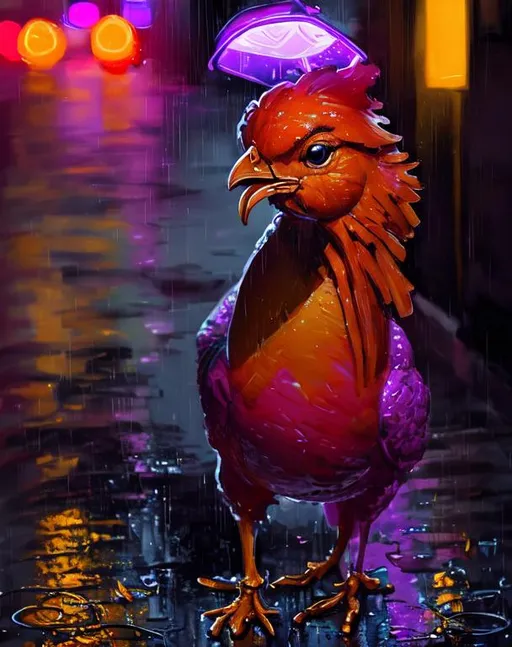 Prompt: Portrait of a rubber chicken posing on a rain-drenched street at night, neon lights reflected in the water, perfect composition, hyperrealistic, super detailed, 8k, high quality, trending art, trending on artstation, sharp focus, studio photo, intricate details, highly detailed