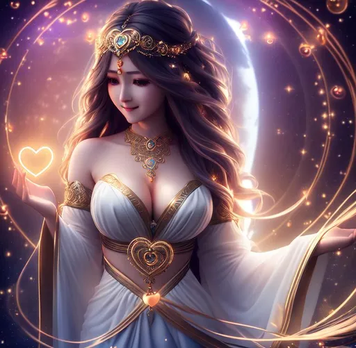 Prompt: Happy, Joyful, Affectionate, 3D HD Beautiful [{one}{Goddess}Female, cute and adorable, cute big circular {heart-shaped}reflective eyes, long flowing hair, beautiful hands]::2, intricate detail, cinematic lighting, hyper realistic, 8K --s98500
