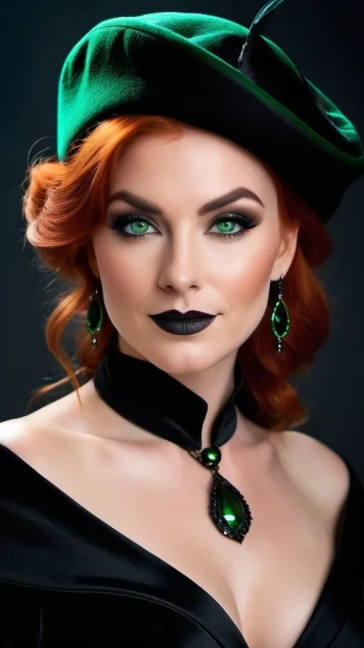 Prompt: Beautiful Eurasian sorceress, thick flame red hair, green eyes, dark eyebrows, light makeup, ((low-cut black dress with lapels, black beret)), fine bone structure, hourglass figure, obsidian jewelry, bosomy physique, black makeup, gray background, sinister smile, intense gaze, 8k photo, detailed, elegant, glamorous, portrait, high fashion, realistic, soft lighting, vibrant color tones, graceful pose, professional photography