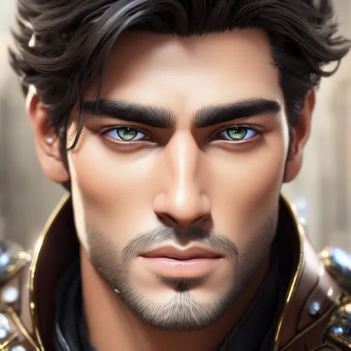 Prompt: Portrait of a very attracitve and handsome man with black hair, In detailed armor, in a fighting pose, 8k, HD, Hypperealism, detailed face and eyes, long scruffy beard, lighting hair, crystal clear blue eyes, large musculature, 