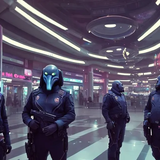 Prompt: Mastodon security guards in a busy alien mall, widescreen, infinity vanishing point, galaxy background, surprise easter egg