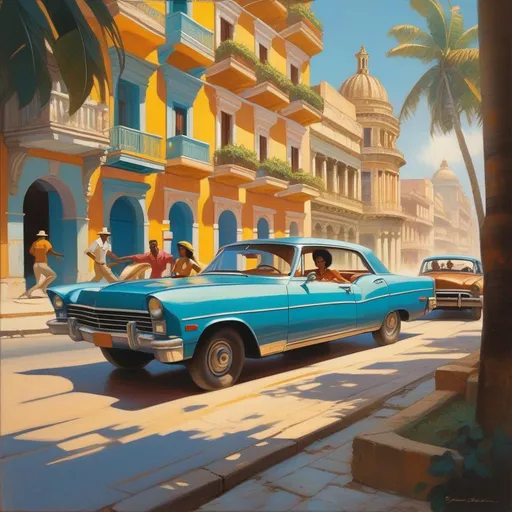 Prompt: 1970s, Havana, car chase, sunny weather, warm atmosphere, cartoony style, extremely detailed painting by Greg Rutkowski and by Henry Justice Ford and by Steve Henderson