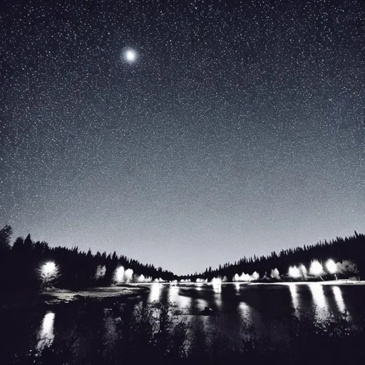 Prompt: Dark blavk , river , big white moon , shinning stars