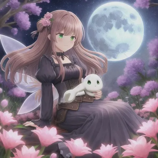 Prompt: a fairy illustration sitting in middle of blooming flowers under the moon light