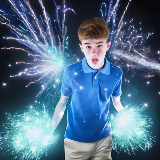 Prompt: 16 year old boy in a blue polo trying to dodge a sparkly magic spell flying at him