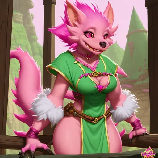 Prompt: bright pink furry kobold female, big woman, healer, D&D, green tunic, magic spell, fluffy tail, digitigrade, trending on artstation, pink fur, neon pink skin, tentacles on her arms