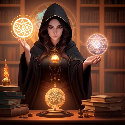 Prompt: front view of female sorcerer standing before a glowing chaotic orb, summoning wealth, protection, aura, books, computer, ghosts in background, alchemy on a desk, papers, several amulets, dark clothing, black jacket with hood, long flowing hair, magical runes, occult, runic symbols, enochian, realistic eyes, apostate, vivid colors, masterpiece, art by HR Giger, dark contrast, 3D lighting, nighttime in the heavens, background