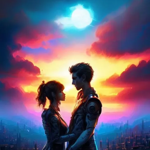 Prompt: Beautiful face, a man and a woman journey in faith against an evil world, cyberpunk, sunset, sunrise