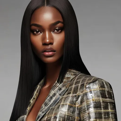 Prompt: dark skin woman with American features straight hair in  Louis Vuitton clothing. Symmetrical face and eyes, dreamy eyes. 1080p. hyper realistic.