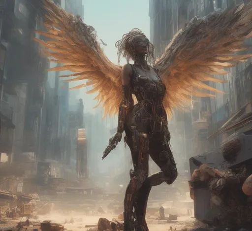 Prompt: Cyberpunk angel in a wasteland 


