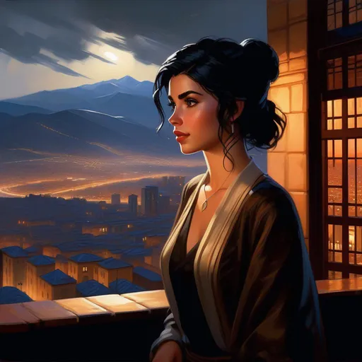 Prompt: Third person, gameplay, Cordoban girl, pale skin, black hair, brown eyes, Cordoba at night, skyscrapers, mountains in the distance, rain, cold atmosphere, cartoony style, extremely detailed painting by Greg Rutkowski and by Henry Justice Ford and by Steve Henderson 


