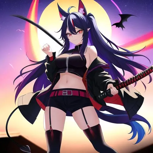 Prompt: Haley  as a demon (multi-color hair) (multi-color eyes)(she has horse ears) holding a katana, fighting, in a gunfight, bullets flying, fighting in a rural area, angry, (demon tail), (demon wings), lunging at the center, flying in the air