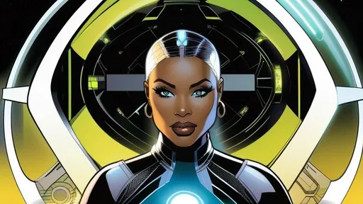 Prompt: Hope Alguin--dark-skinned curvaceous cyborg beauty--uses a quantum computer to scan the Omniverse for any trace of her lost android muse-brother, Philo Layne. art by Travis Charest and Richard Friend.