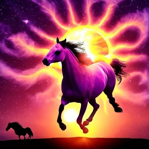 Prompt: Purple  colour sun with hands and horse running in front of sun