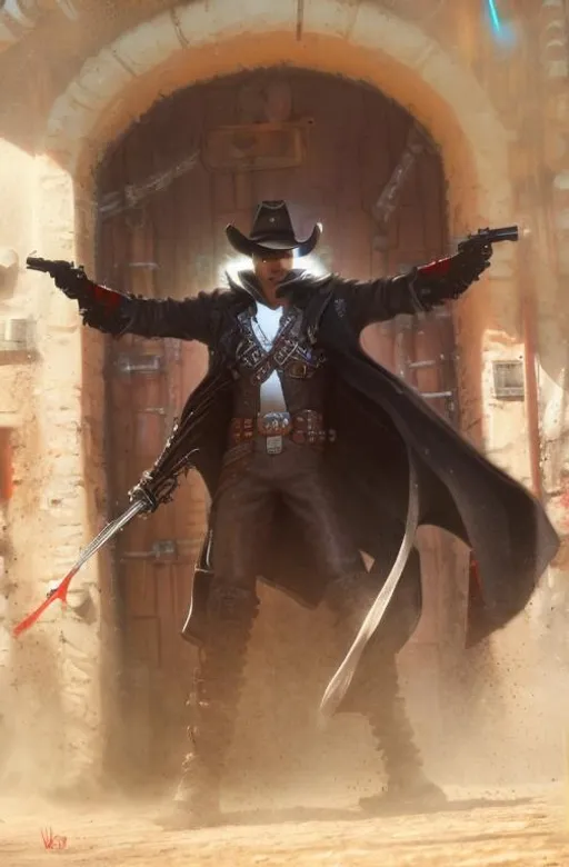 Prompt: Cyber Cowboy with 4 Arms, fiery red Poncho, Dressed in black duster and Stetson Cowboy Hat, with Red eyes, Haunting Presence, Intricately Detailed, Hyperdetailed, Desert Wild West Landscape, Dusty Midnight Lighting, Wild West Feel