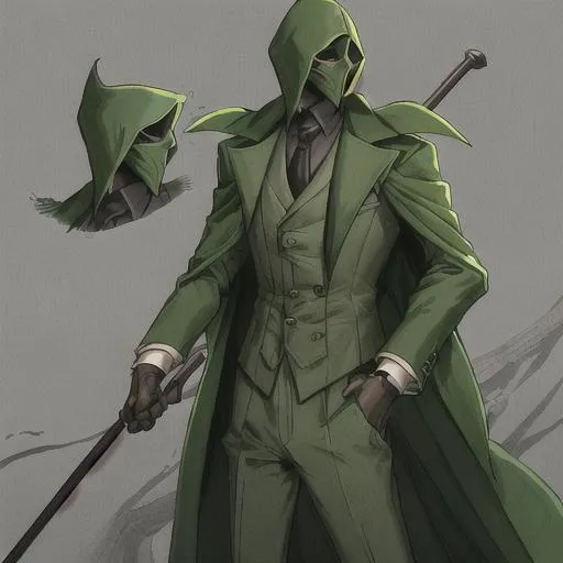 Prompt: masked man wearing long green coat, face hidden underneath green mask, stylish cane in his right hand, brown gloves covering his fingers, high-tech suit of green armor